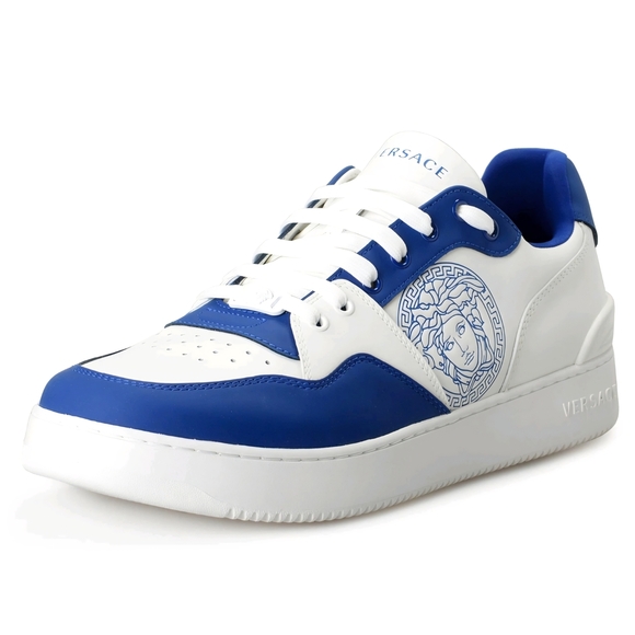 Versace Vitello+Nastro Greca Sneakers Blue/White US Size 12 EU 45 - Picture 2 of 5